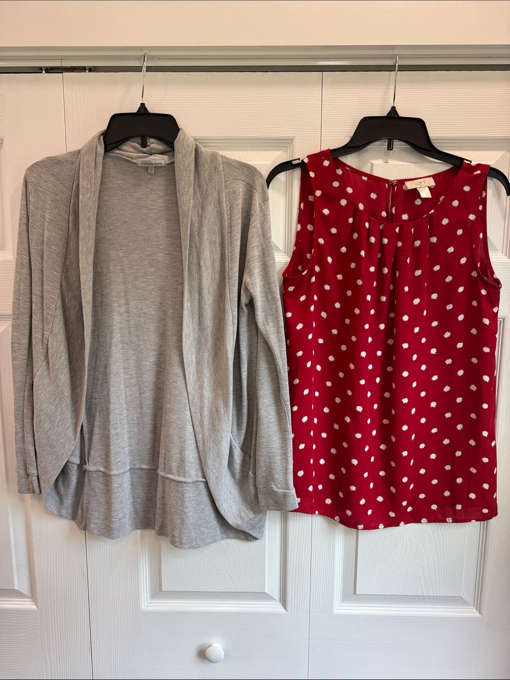 LOFT Red Tank Blouse/White Spot Print+ Charlotte Russe Gray Cardigan Size Small